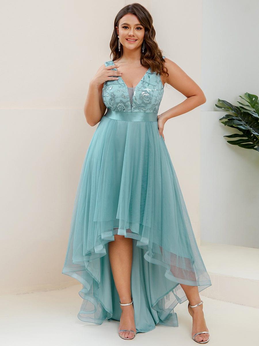 ever SASHIA|Fashion High-Low Deep V Neck Tulle Prom Dresses with Sequin Appliques