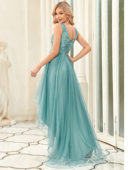 ever SASHIA|Fashion High-Low Deep V Neck Tulle Prom Dresses with Sequin Appliques
