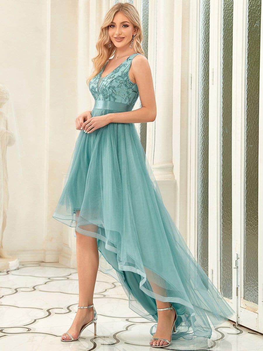 ever SASHIA|Fashion High-Low Deep V Neck Tulle Evening Dresses with Sequin Appliques