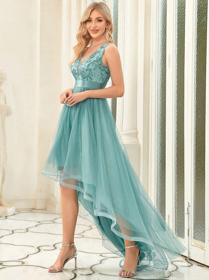 ever SASHIA|Fashion High-Low Deep V Neck Tulle Prom Dresses with Sequin Appliques