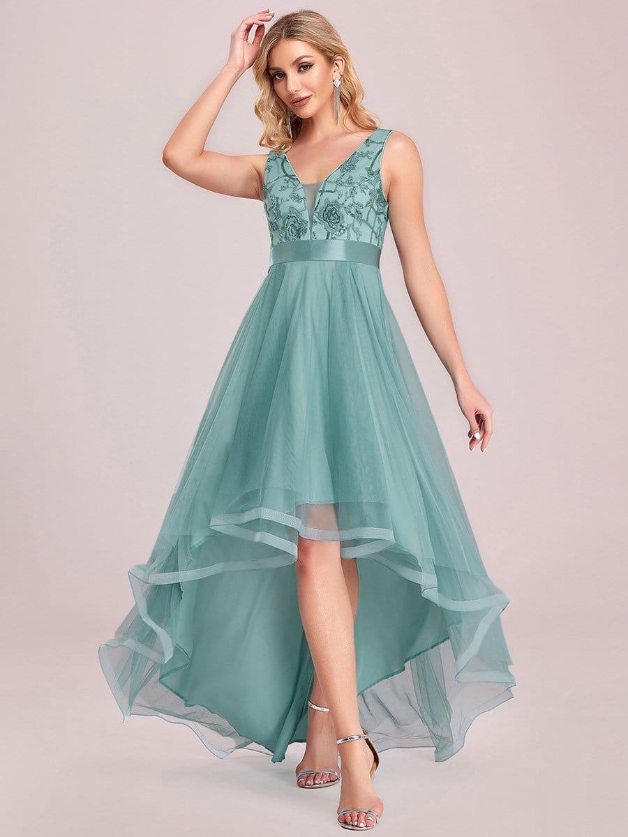 ever SASHIA|Fashion High-Low Deep V Neck Tulle Evening Dresses with Sequin Appliques
