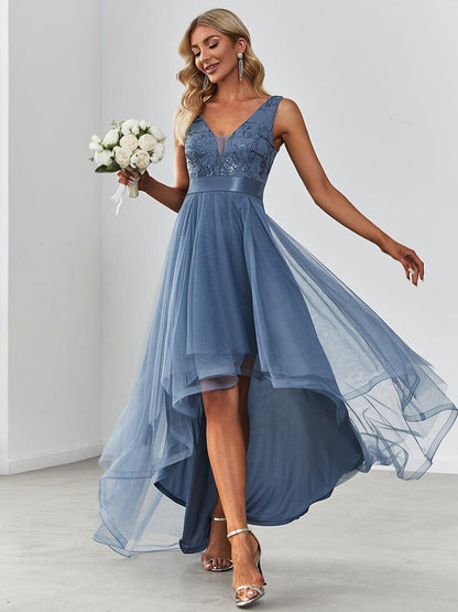 ever SASHIA|Fashion High-Low Deep V Neck Tulle Evening Dresses with Sequin Appliques
