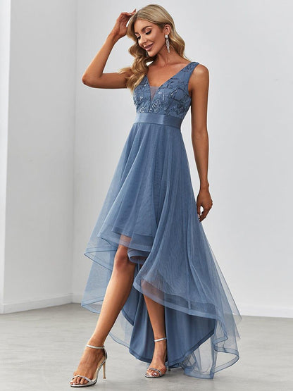 ever SASHIA|Fashion High-Low Deep V Neck Tulle Evening Dresses with Sequin Appliques