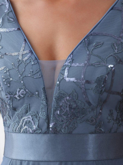 ever SASHIA|Fashion High-Low Deep V Neck Tulle Prom Dresses with Sequin Appliques