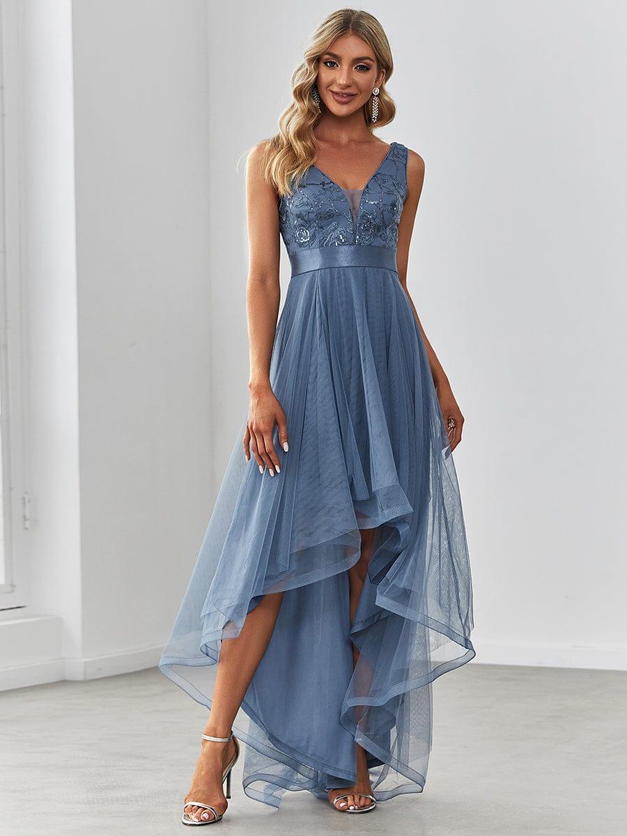 ever SASHIA|Fashion High-Low Deep V Neck Tulle Prom Dresses with Sequin Appliques