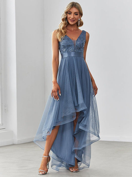 ever SASHIA|Fashion High-Low Deep V Neck Tulle Prom Dresses with Sequin Appliques
