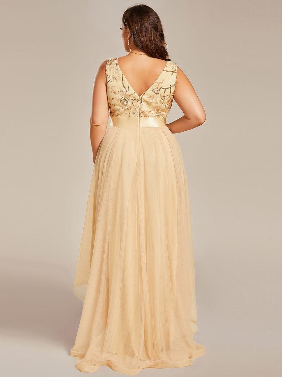 ever SASHIA|Fashion High-Low Deep V Neck Tulle Evening Dresses with Sequin Appliques