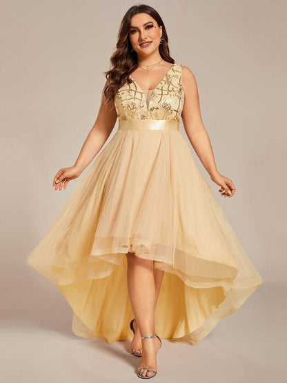 pretty SASHIA|Plus Size Sequin High-Low Deep V Neck Tulle Evening Dresses