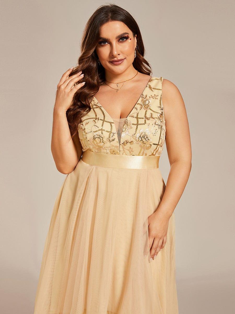 ever SASHIA|Fashion High-Low Deep V Neck Tulle Prom Dresses with Sequin Appliques