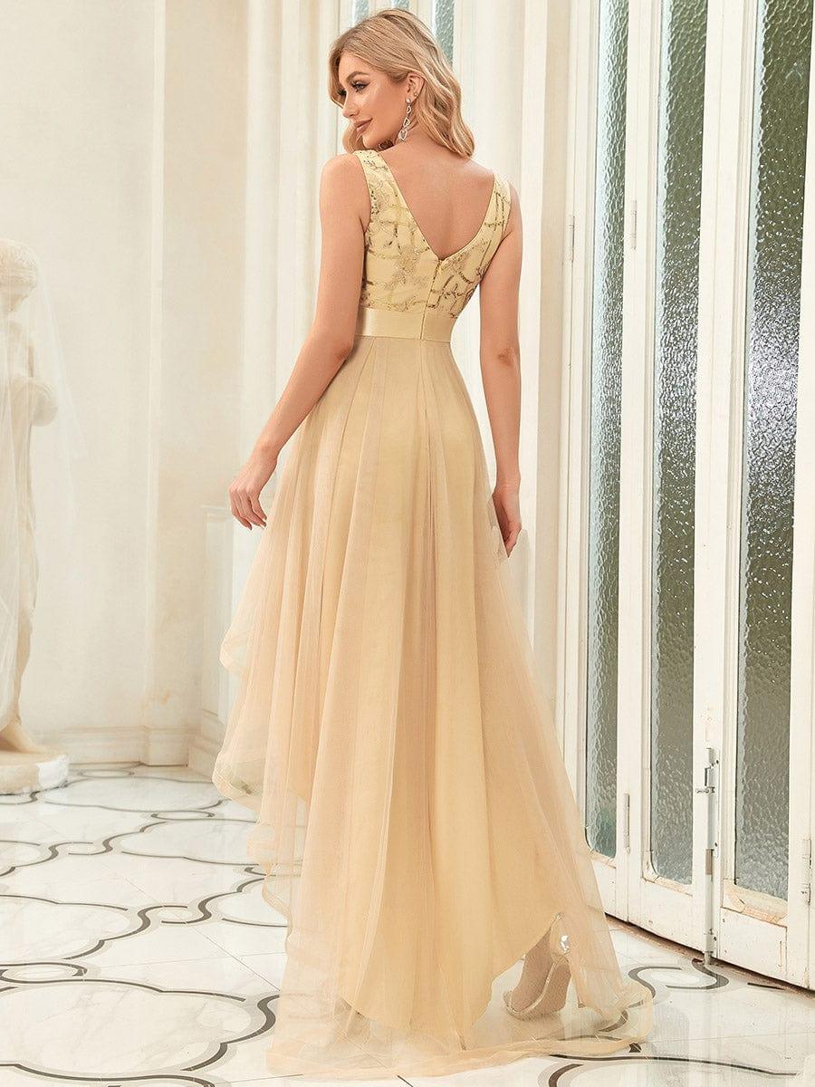 ever SASHIA|Fashion High-Low Deep V Neck Tulle Evening Dresses with Sequin Appliques