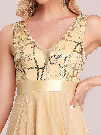 ever SASHIA|Fashion High-Low Deep V Neck Tulle Prom Dresses with Sequin Appliques