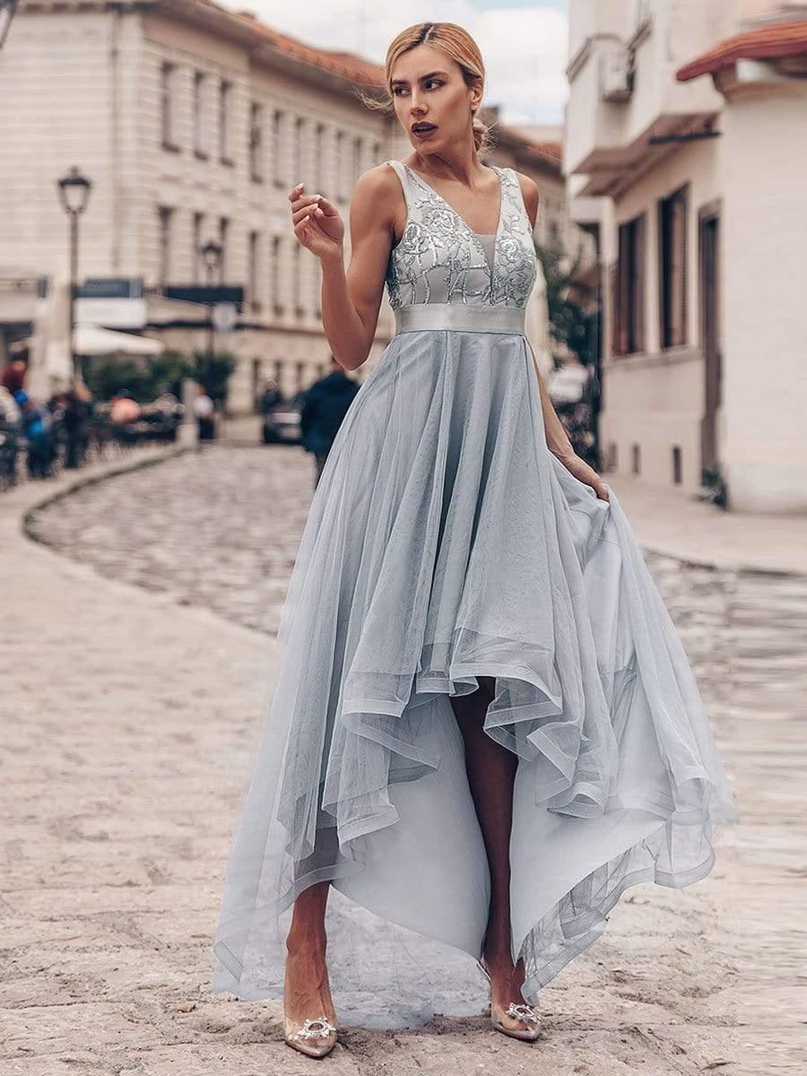 ever SASHIA|Fashion High-Low Deep V Neck Tulle Prom Dresses with Sequin Appliques
