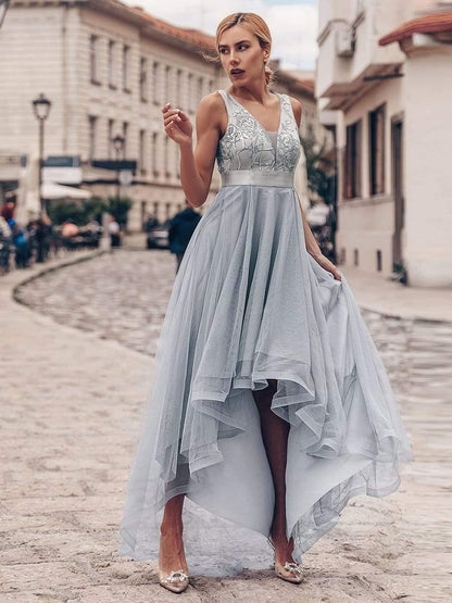 ever SASHIA|Fashion High-Low Deep V Neck Tulle Prom Dresses with Sequin Appliques