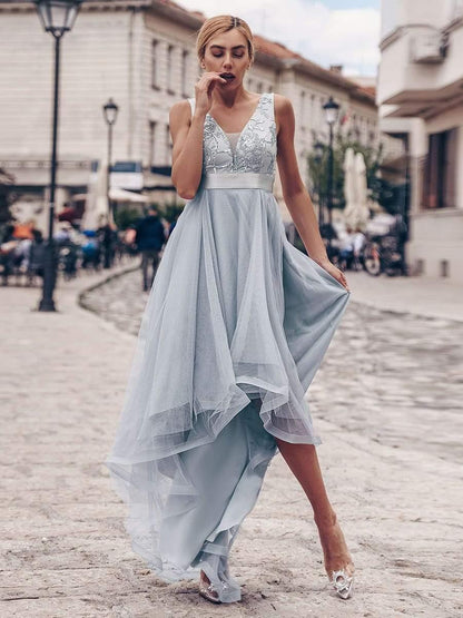 ever SASHIA|Fashion High-Low Deep V Neck Tulle Prom Dresses with Sequin Appliques