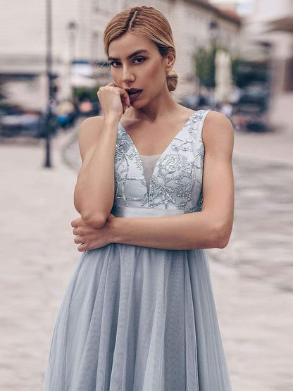ever SASHIA|Fashion High-Low Deep V Neck Tulle Prom Dresses with Sequin Appliques