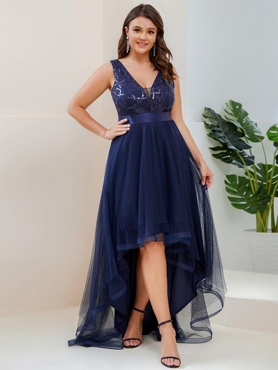 ever SASHIA|Fashion High-Low Deep V Neck Tulle Prom Dresses with Sequin Appliques