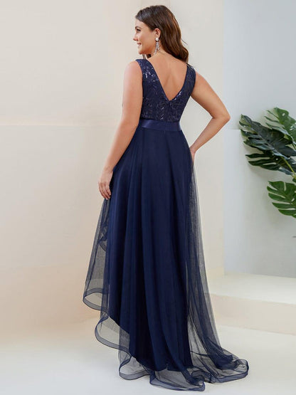 pretty SASHIA|Plus Size Sequin High-Low Deep V Neck Tulle Evening Dresses