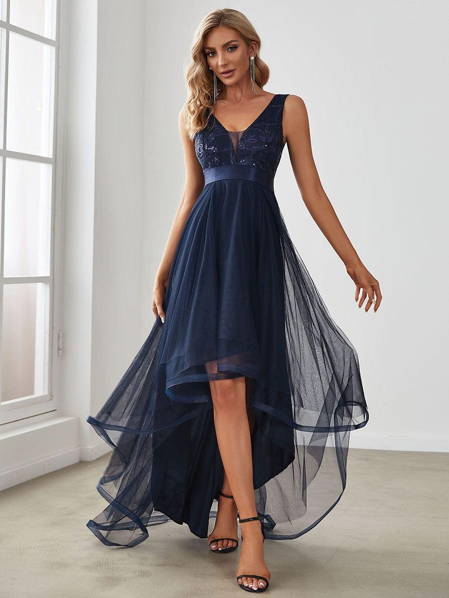 ever SASHIA|Fashion High-Low Deep V Neck Tulle Prom Dresses with Sequin Appliques