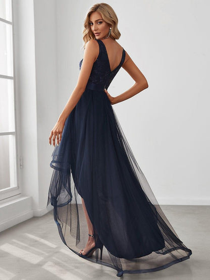 ever SASHIA|Fashion High-Low Deep V Neck Tulle Evening Dresses with Sequin Appliques