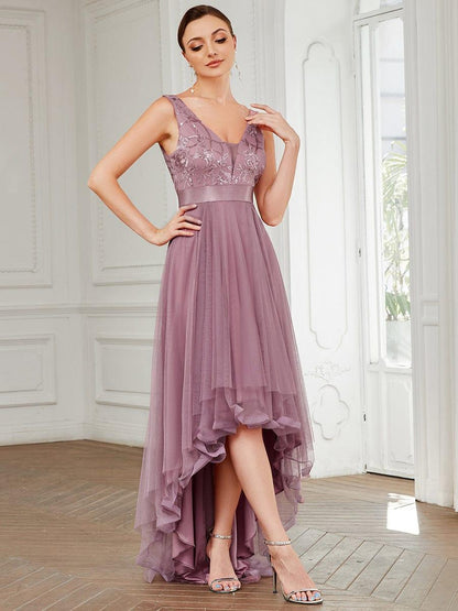 ever SASHIA|Fashion High-Low Deep V Neck Tulle Prom Dresses with Sequin Appliques