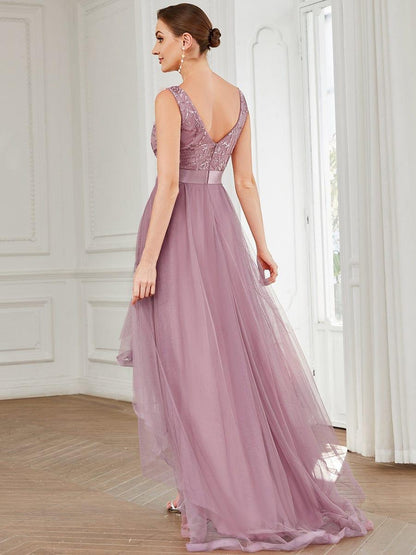 ever SASHIA|Fashion High-Low Deep V Neck Tulle Prom Dresses with Sequin Appliques