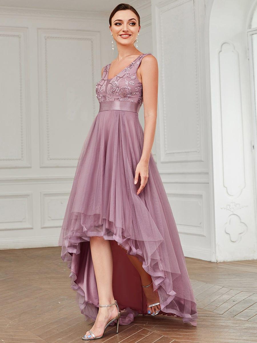 ever SASHIA|Fashion High-Low Deep V Neck Tulle Prom Dresses with Sequin Appliques