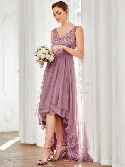 ever SASHIA|Fashion High-Low Deep V Neck Tulle Prom Dresses with Sequin Appliques