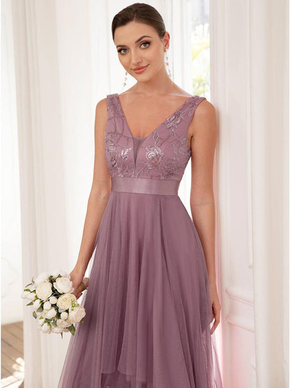 ever SASHIA|Fashion High-Low Deep V Neck Tulle Prom Dresses with Sequin Appliques