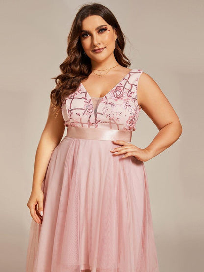 ever SASHIA|Fashion High-Low Deep V Neck Tulle Evening Dresses with Sequin Appliques