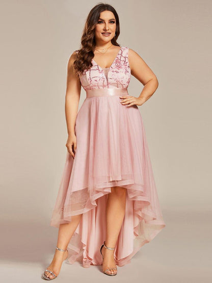ever SASHIA|Fashion High-Low Deep V Neck Tulle Prom Dresses with Sequin Appliques