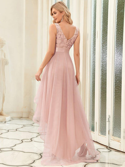 ever SASHIA|Fashion High-Low Deep V Neck Tulle Prom Dresses with Sequin Appliques