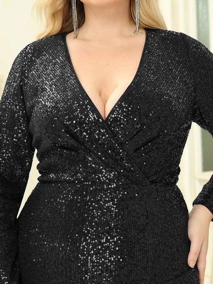 ever NYX|Shiny V Neck Sequin Long Sleeves Evening Dress