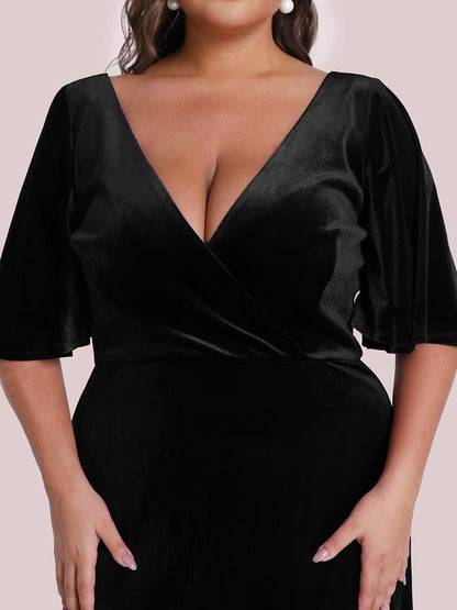 ever REINE|Elegant Double V Neck Velvet Evening Dress with Sleeves