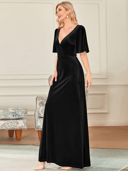 ever REINE|Elegant Double V Neck Velvet Evening Dress with Sleeves