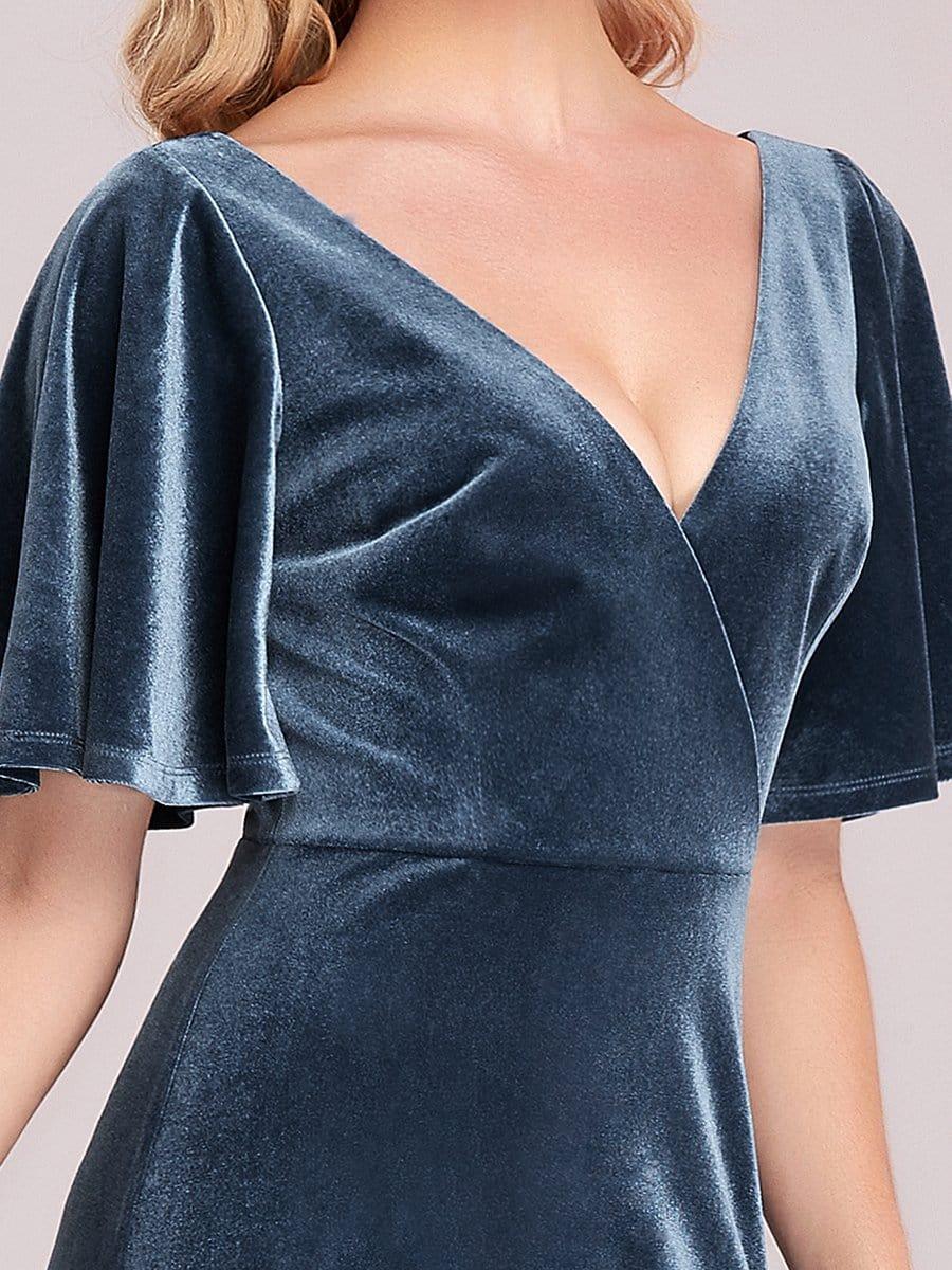 ever REINE|Elegant Double V Neck Velvet Evening Dress with Sleeves