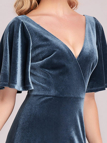ever REINE|Elegant Double V Neck Velvet Evening Dress with Sleeves