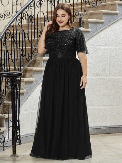 ever SAPHIR|Women's A-Line Sequin Leaf Maxi Prom Dress with Sleeves