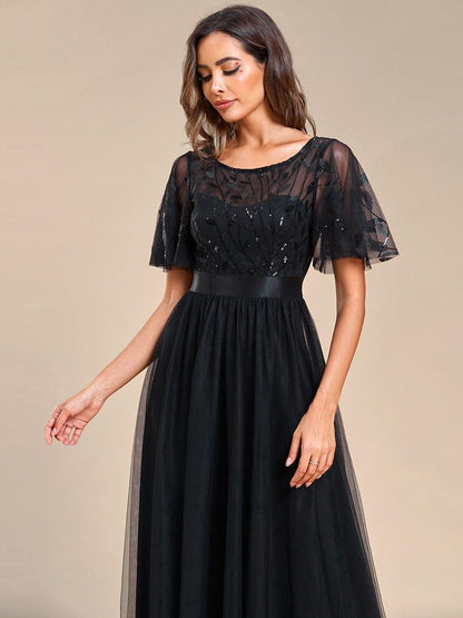 ever SAPHIR|Women's A-Line Sequin Leaf Maxi Prom Dress with Sleeves