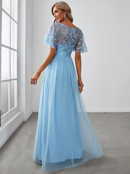 ever SAPHIR|Women's A-Line Sequin Leaf Maxi Prom Dress with Sleeves