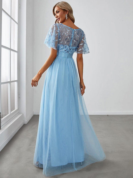 ever SAPHIR|Women's A-Line Sequin Leaf Maxi Prom Dress with Sleeves