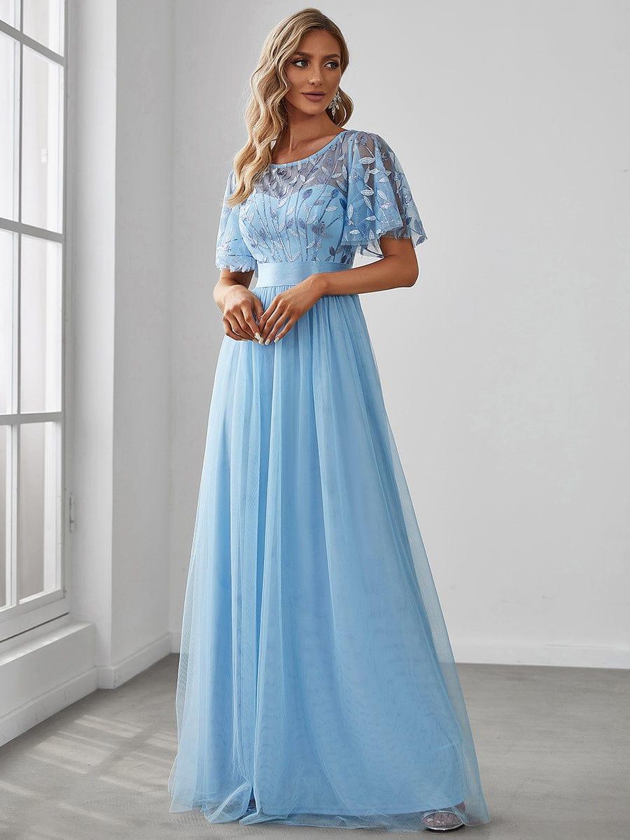 ever SAPHIR|Women's A-Line Sequin Leaf Maxi Prom Dress with Sleeves
