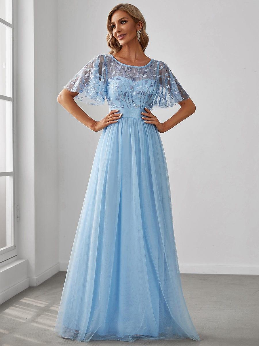 ever SAPHIR|Women's A-Line Sequin Leaf Maxi Prom Dress with Sleeves