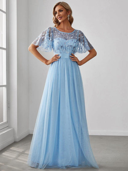 ever SAPHIR|Women's A-Line Sequin Leaf Maxi Prom Dress with Sleeves