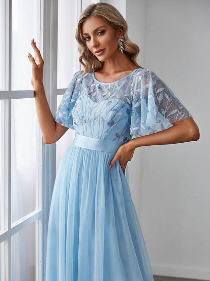 ever SAPHIR|Women's A-Line Sequin Leaf Maxi Prom Dress with Sleeves