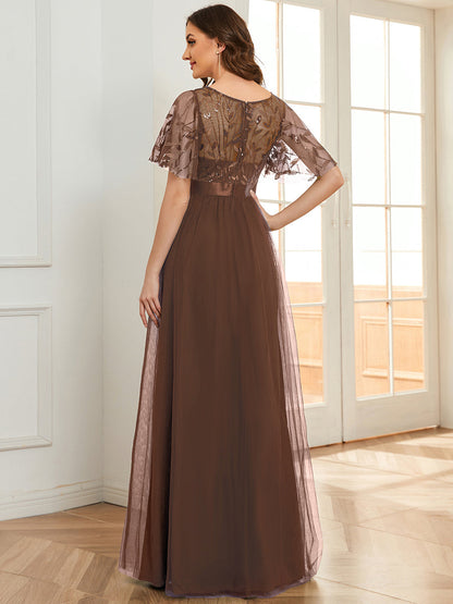 ever SAPHIR|Women's A-Line Short Sleeve Embroidery Floor Length Evening Dresses