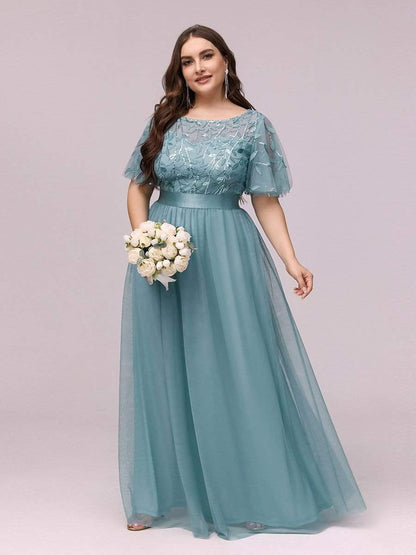 ever SAPHIR|Women's A-Line Sequin Leaf Maxi Prom Dress with Sleeves