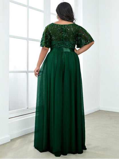ever SAPHIR|Women's A-Line Sequin Leaf Maxi Prom Dress with Sleeves