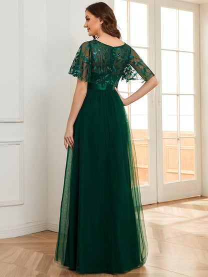 ever SAPHIR|Women's A-Line Sequin Leaf Maxi Prom Dress with Sleeves