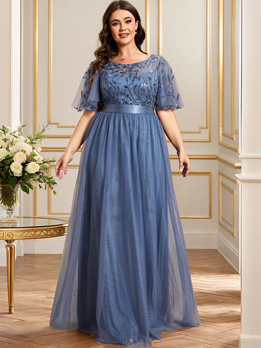ever SAPHIR|Women's A-Line Sequin Leaf Maxi Prom Dress with Sleeves