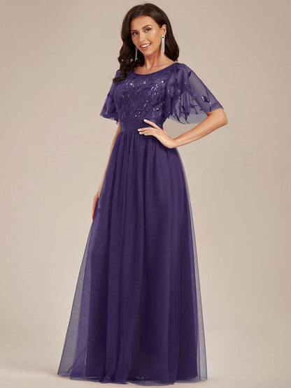 ever SAPHIR|Women's A-Line Sequin Leaf Maxi Prom Dress with Sleeves